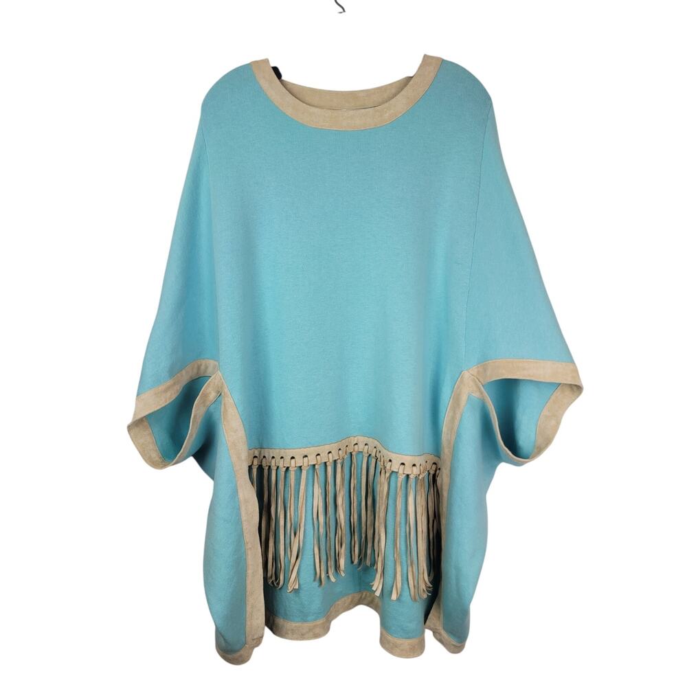 Tyler Boe Western Cowgirl Fringe Poncho Cashmere Blend Teal Beige Fringe Sz XS/S